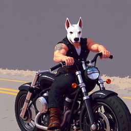 A 64-bit pixel art 2D image of a muscular biker wearing a black vest, showcasing his arm while riding a custom black motorcycle