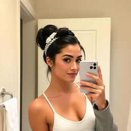 A confident young woman with dark hair in a stylish updo, wearing a headband in a bathroom setting