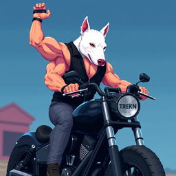 A 64-bit pixel art 2D image of a muscular biker wearing a black vest, showcasing his arm while riding a custom black motorcycle