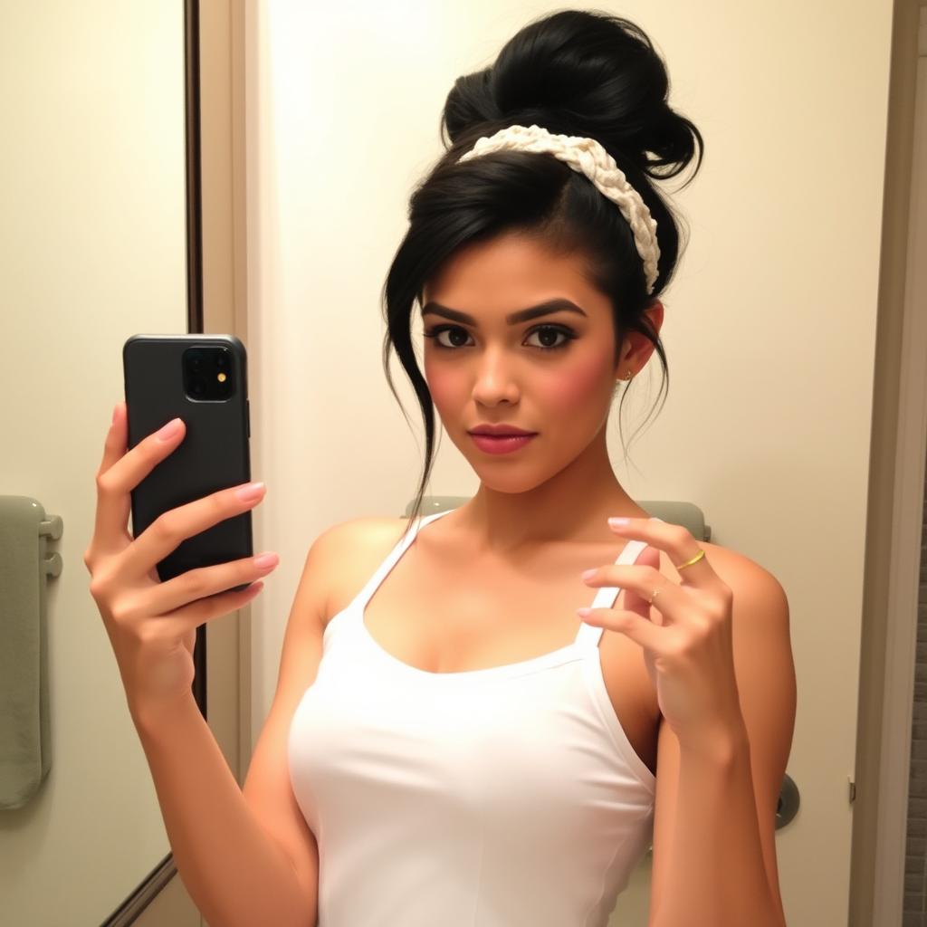 A confident young woman with dark hair in a stylish updo, wearing a headband in a bathroom setting