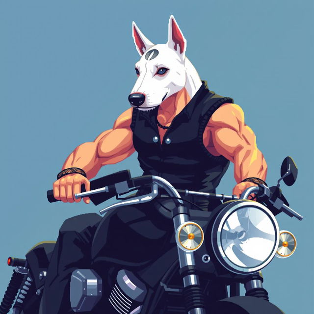 A 64-bit pixel art 2D image of a muscular biker wearing a black vest, showcasing his arm while riding a custom black motorcycle