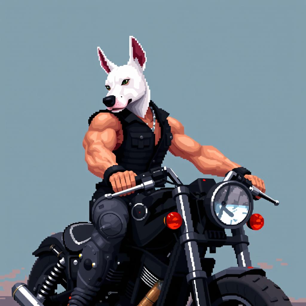 A 64-bit pixel art 2D scene depicting a muscular biker with a black vest, showing off his arm as he rides a custom black motorcycle