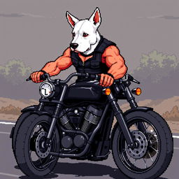 A 64-bit pixel art 2D scene depicting a muscular biker with a black vest, showing off his arm as he rides a custom black motorcycle