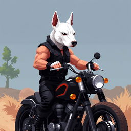 A 64-bit pixel art 2D scene depicting a muscular biker with a black vest, showing off his arm as he rides a custom black motorcycle