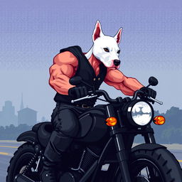 A 64-bit pixel art 2D scene depicting a muscular biker with a black vest, showing off his arm as he rides a custom black motorcycle