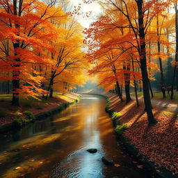 A serene autumn landscape depicting a tranquil forest