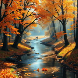 A serene autumn landscape depicting a tranquil forest