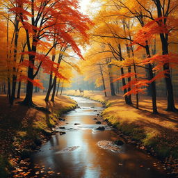 A serene autumn landscape depicting a tranquil forest