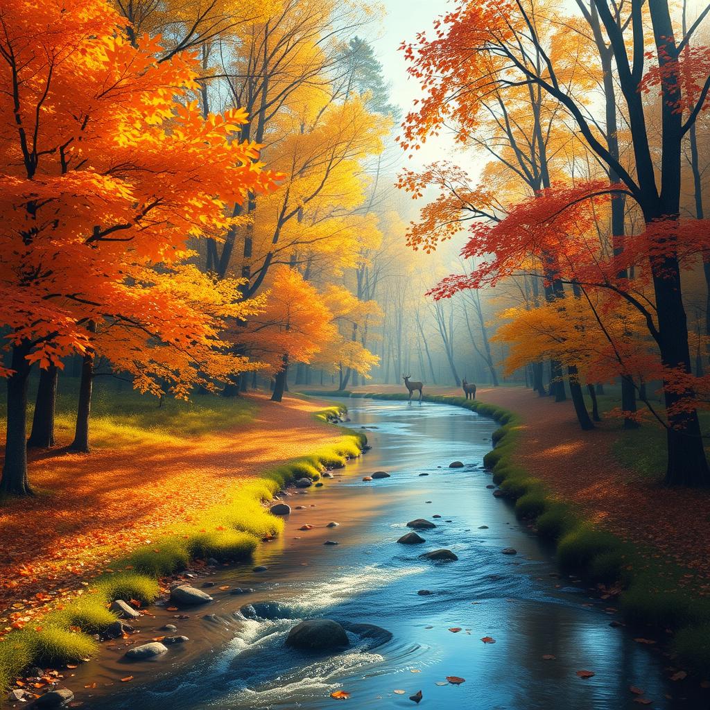 A serene autumn landscape depicting a tranquil forest