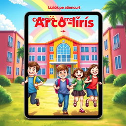 A vibrant ebook cover featuring the Colégio Arco-Íris at the center, showcasing its colorful and cheerful architecture on a sunny day