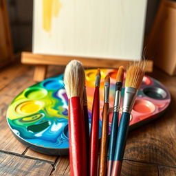 A set of beautiful artist's brushes and a vibrant color palette, beautifully arranged on a rustic wooden table