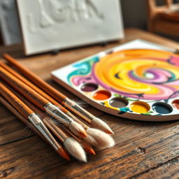 A set of beautiful artist's brushes and a vibrant color palette, beautifully arranged on a rustic wooden table