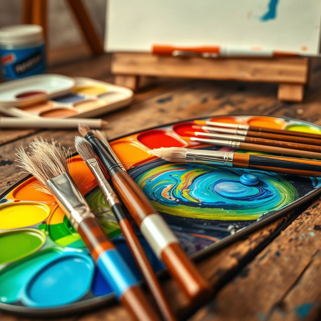 A set of beautiful artist's brushes and a vibrant color palette, beautifully arranged on a rustic wooden table