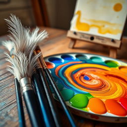 A set of beautiful artist's brushes and a vibrant color palette, beautifully arranged on a rustic wooden table