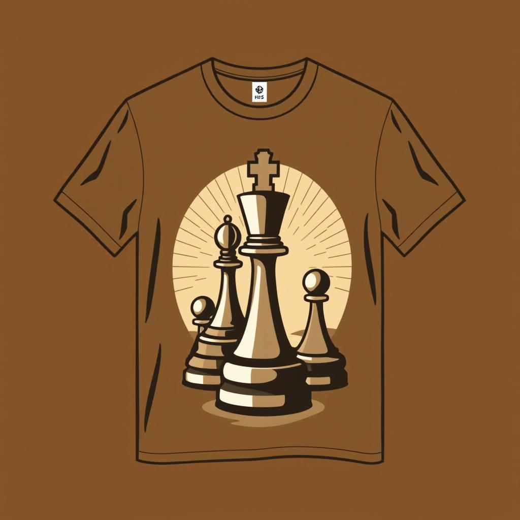 A stylish t-shirt featuring a creative chess design in earthy tones, incorporating elements like chess pieces such as the king, queen, and pawn