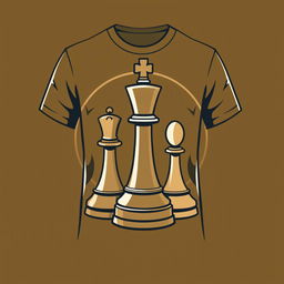 A stylish t-shirt featuring a creative chess design in earthy tones, incorporating elements like chess pieces such as the king, queen, and pawn