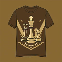 A stylish t-shirt featuring a creative chess design in earthy tones, incorporating elements like chess pieces such as the king, queen, and pawn