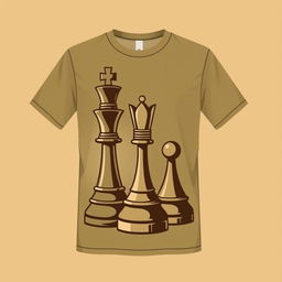 A stylish t-shirt featuring a creative chess design in earthy tones, incorporating elements like chess pieces such as the king, queen, and pawn