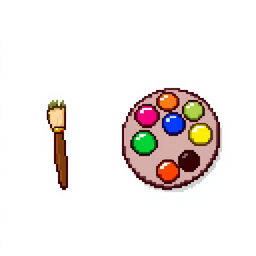 A charming pixel art image of an artist's brush and paint palette, designed in a 32x32 pixel grid