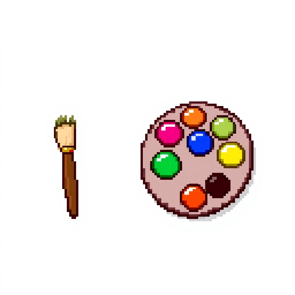 A charming pixel art image of an artist's brush and paint palette, designed in a 32x32 pixel grid