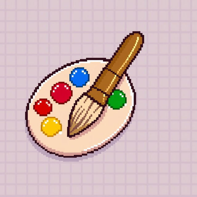 A charming pixel art image of an artist's brush and paint palette, designed in a 32x32 pixel grid