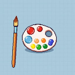 A charming pixel art image of an artist's brush and paint palette, designed in a 32x32 pixel grid