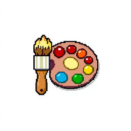 A charming pixel art image of an artist's brush and paint palette, designed in a 32x32 pixel grid