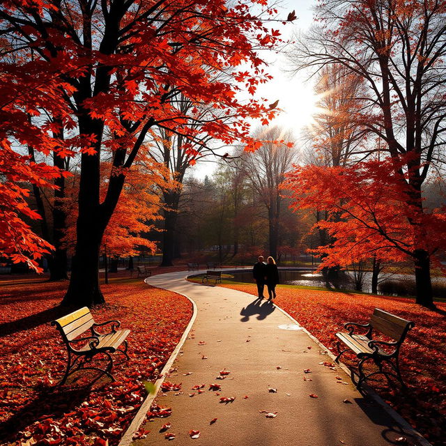 A mesmerizing scene of a beautiful autumn park, leaves in vibrant shades of red, orange, and yellow