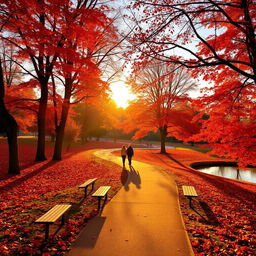 A mesmerizing scene of a beautiful autumn park, leaves in vibrant shades of red, orange, and yellow