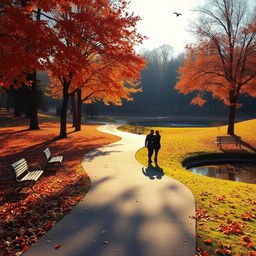 A mesmerizing scene of a beautiful autumn park, leaves in vibrant shades of red, orange, and yellow