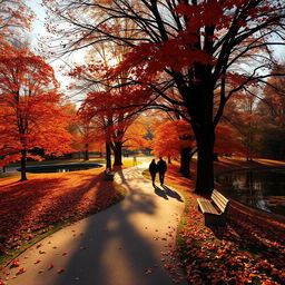 A mesmerizing scene of a beautiful autumn park, leaves in vibrant shades of red, orange, and yellow