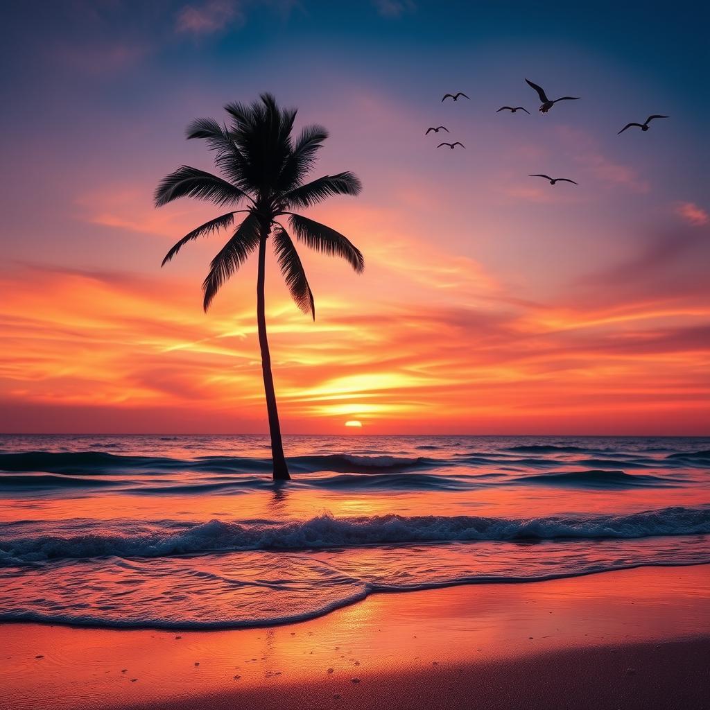 A vibrant sunset over a tranquil beach with gentle waves lapping at the shore