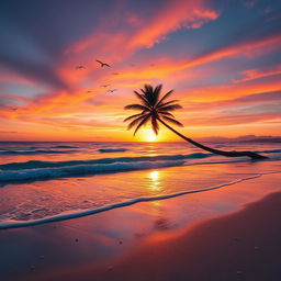 A vibrant sunset over a tranquil beach with gentle waves lapping at the shore