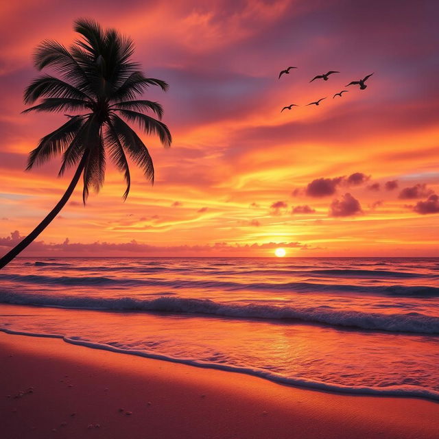 A vibrant sunset over a tranquil beach with gentle waves lapping at the shore