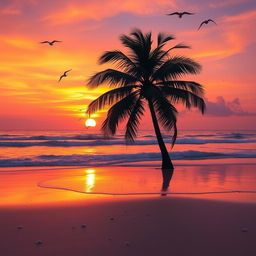 A vibrant sunset over a tranquil beach with gentle waves lapping at the shore