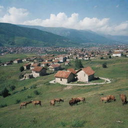 Kosovo in 1999, showcasing its vast landscapes, traditional Balkan architecture, and the resilient spirit of people amid the scars of war.