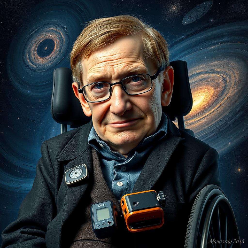 A portrait of Stephen Hawking, capturing his intense intellectual gaze and iconic features, showcasing his renowned wheelchair adorned with technological gadgets