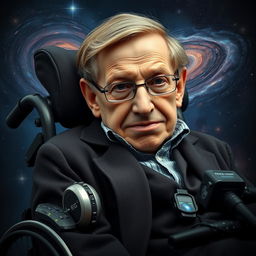 A portrait of Stephen Hawking, capturing his intense intellectual gaze and iconic features, showcasing his renowned wheelchair adorned with technological gadgets