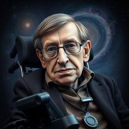 A portrait of Stephen Hawking, capturing his intense intellectual gaze and iconic features, showcasing his renowned wheelchair adorned with technological gadgets