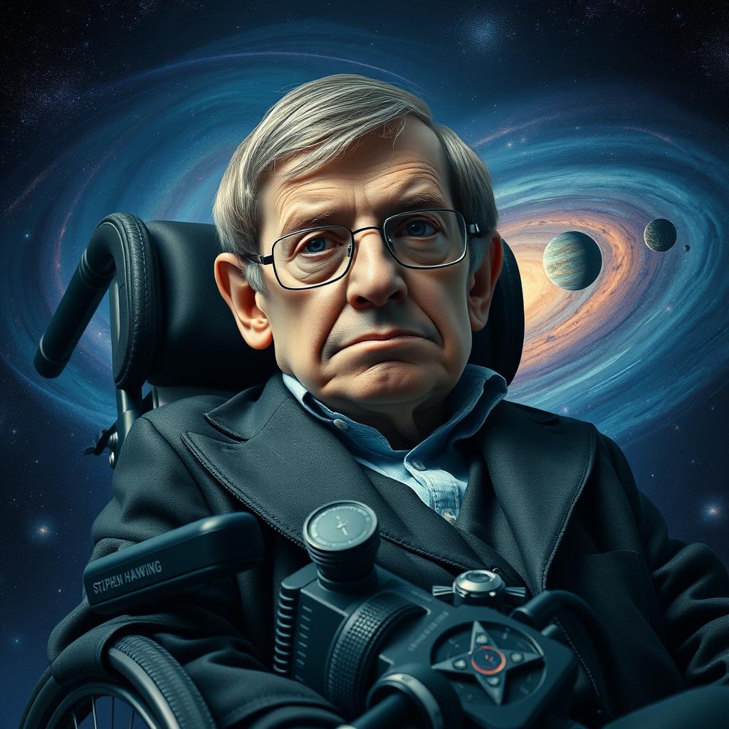 A portrait of Stephen Hawking, capturing his intense intellectual gaze and iconic features, showcasing his renowned wheelchair adorned with technological gadgets