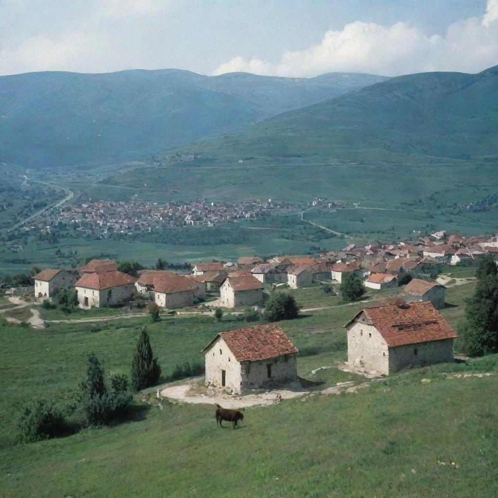 Kosovo in 1999, showcasing its vast landscapes, traditional Balkan architecture, and the resilient spirit of people amid the scars of war.