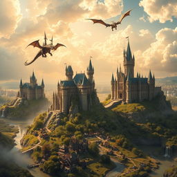 A sophisticated fantasy world featuring flying castles in the sky, surrounded by fluffy white clouds and golden sunlight