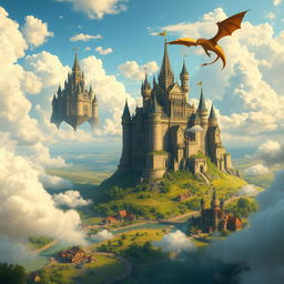 A sophisticated fantasy world featuring flying castles in the sky, surrounded by fluffy white clouds and golden sunlight