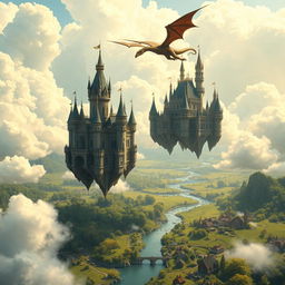 A sophisticated fantasy world featuring flying castles in the sky, surrounded by fluffy white clouds and golden sunlight