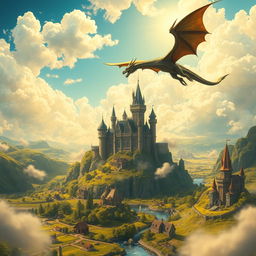 A sophisticated fantasy world featuring flying castles in the sky, surrounded by fluffy white clouds and golden sunlight