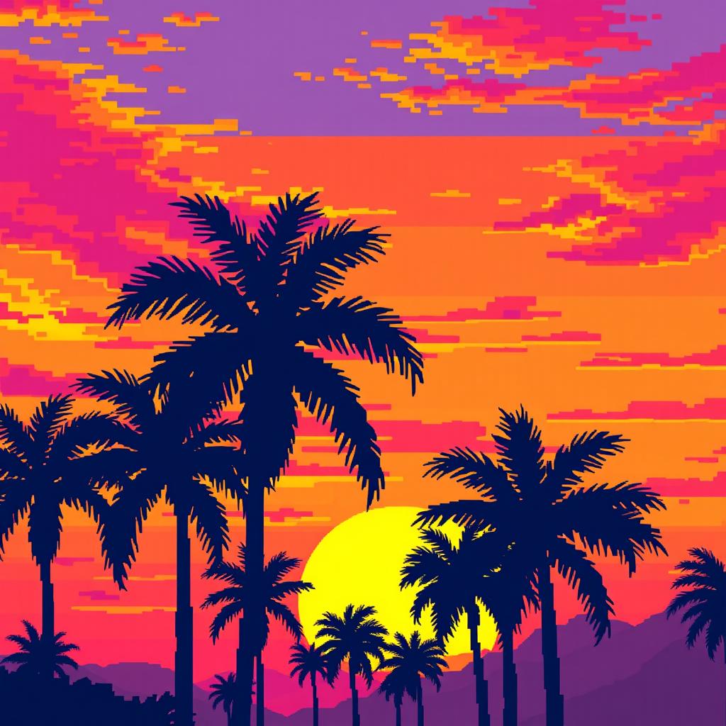 Pixel art depicting palm trees silhouetted against a vivid sunset sky