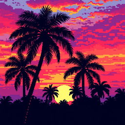 Pixel art depicting palm trees silhouetted against a vivid sunset sky