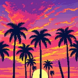 Pixel art depicting palm trees silhouetted against a vivid sunset sky