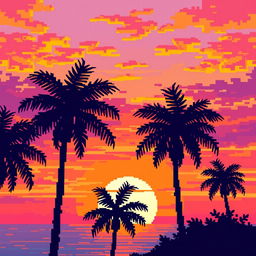 Pixel art depicting palm trees silhouetted against a vivid sunset sky