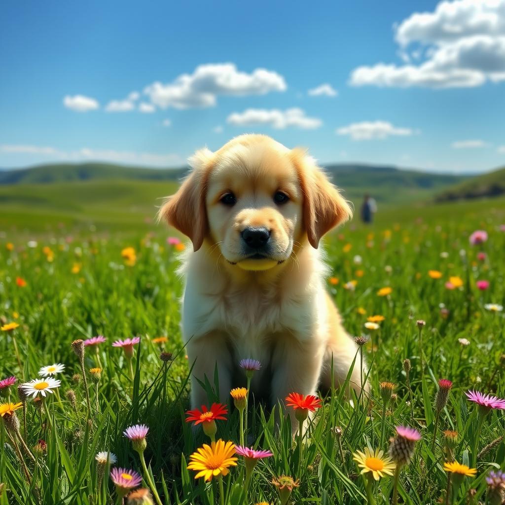 A fluffy golden retriever puppy sitting in a lush green meadow, surrounded by colorful wildflowers